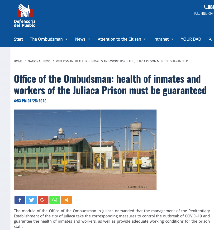 Berichtgeving in Peru, druk op site vertalen bij oproepen link
https://www.defensoria.gob.pe/defensoria-del-pueblo-se-debe-garantizar-salud-de-internos-y-trabajadores-de-penal-de-juliaca/