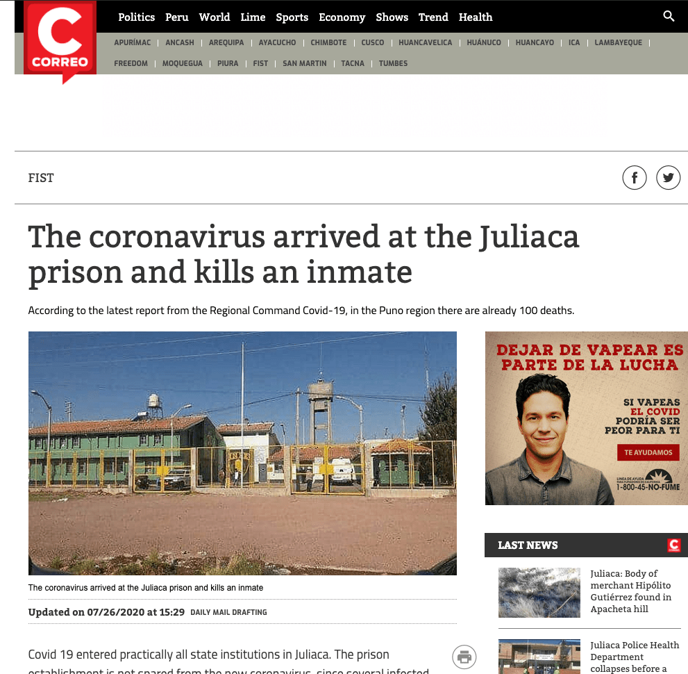 Berichtgeving in Peru, druk op site vertalen bij oproepen link
https://diariocorreo.pe/edicion/puno/el-coronavirus-llego-al-penal-de-juliaca-y-mata-un-reo-946084/